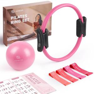 lot 8492 image: LIONSCOOL Pilates Ring Set 14 Anti-Deformation Magic Circle with Padded Handles, Mini Ball, Resistance Bands, Guide &amp Bag (Pink)