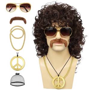 lot 1206 image: Guree Hair Mens Curly Wig  Glasses  Gold Chain  Peace Sign Necklace Mustache  Wig Cap Long Curly Brown Wigs for 70s Disco Party Cosplay Costume Halloween Use 6pcs Set