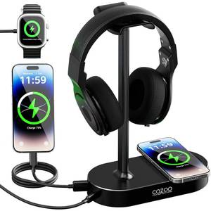 lot 1217 image: COZOO Headphone Stand with Fast Wireless Charging Pad and 2 USB Charging Ports, Suitable for Gaming, DJ, Wireless Earphone Accessories