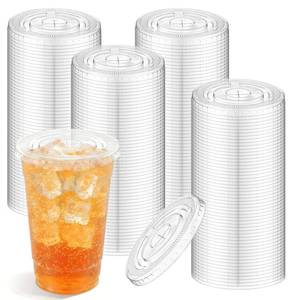 lot 1243 image: 200 Pcs Clear Plastic Flat Lids, 3.9 Inch Disposable Cup Lids with Straw Slot, Fits 12, 16, 20, 24 Oz Cups for Iced Coffee Party Supplies