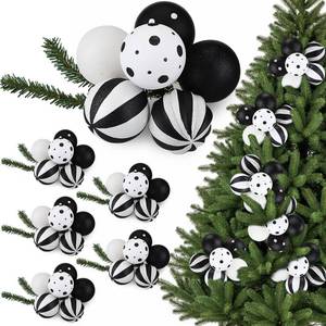lot 1247 image: Knitgrip 6 Set Christmas Ball Ornament Cluster with Ties Black White Plastic Shatterproof Xmas Picks for Christmas Tree DIY Wreath Garland Stairs Decor Supply(Black and White)