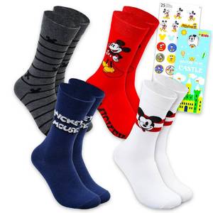 lot 1285 image: Disney Mickey Mouse Socks for Men - Mickey Mouse Apparel Bundle with 4 Pairs of Mickey Mouse Crew Socks Size 6-12 Plus Stickers, More Mickey Crew Socks for Adults