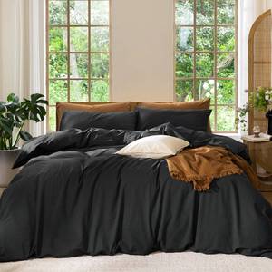 lot 1293 image: MooMee Bedding Duvet Cover Set 100% Washed Cotton Linen Like Textured Breathable Durable Soft Comfy (Solid Black, Full 80x90)