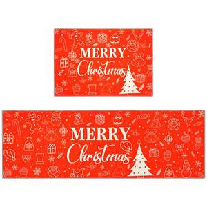 lot 1312 image: 2 Pieces Red Merry Christmas Kitchen Rugs Set, Non Slip Kitchen Floor Mat with Xmas Tree Snowflake Decor Christmas Kitchen Mats Home Low-profile Washable Rugs for Kitchen Bathroom Sink Laundry