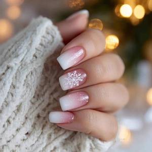 lot 1329 image: Christmas Press on Nails Short Square Fake Nails Christmas Snowflake with Pink Glitter Design,Nails Press ons Acrylic Glue On Nails,Manicure Stick on Nails for Women Holiday & Parties
