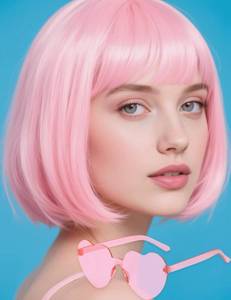 lot 1338 image: FSLLZCJY Light Pink Bob Wig with Heart Sunglasses - Heat-Resistant, Synthetic Fiber, Adjustable and Natural Looking
