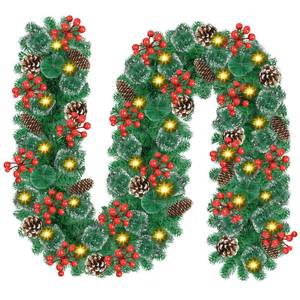 lot 1348 image: Christmas Garland with Lights, 9ft 30LED Battery Operated Garland Decorated with Pine Cones, Berry, Artificial Snowy Pine, Indoor & Outdoor Xmas Garland for Stairs Fireplace Door Fences