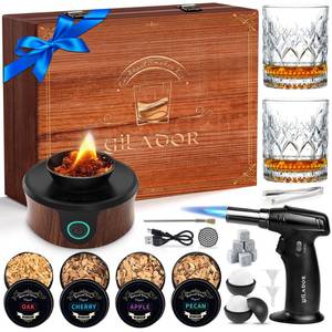 lot 1363 image: Electric Whiskey Smoker Kit, Luxurious Wooden Box, with 4 Wood Chips, Torch, Ice Molds, Recipe, Stones, Old Fashioned Bourbon Cocktails Smoker, Valentines Day Gifts for Men, Husband (No Butane)