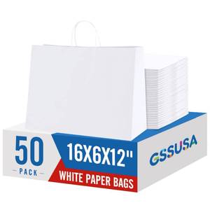lot 1382 image: GSSUSA Large Paper Bags with Handles16x6x12 White 50Pcs, Kraft Paper Shopping Bags Bulk for Small Business, Valentines Day, Grocery, Boutique, Merchandise