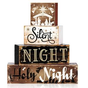 lot 1397 image: Moucuny 4 Pcs Wooden Christmas Nativity Table Sign Wooden Holy Night Decorative Signage Xmas Tiered Tray Decor Winter Centerpieces Farmhouse Block Set Xmas Table Sign for Home