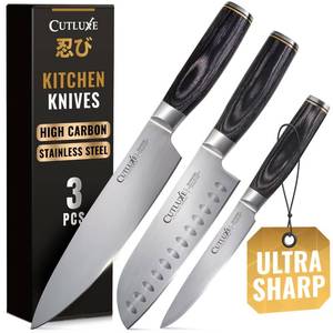 lot 1411 image: Cutluxe 3-Piece Chef Knife Set Ultra Sharp Japanese Kitchen Knives, High Carbon Stainless Steel Blades, Full Tang Pakkawood Handles Shinobi Series
