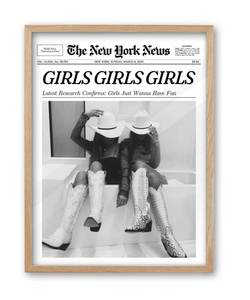 lot 1424 image: iHery Girls Just Wanna Have Fun Framed Trendy Cowgirl NewsPaper Wall Art, Small 8x10in Natural OAK Wood Black and White Canvas Wall Decor For Bedroom Dorm Living Room,Vintage Bar Car Home 1Pack