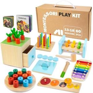 lot 1452 image: WOODMAM Wooden Montessori Toys for 1 Year Old, 9 in 1 Learning Educational Toys for Toddler with Educational Box, Xylophone, Pound Bench, Shape Puzzle and More, Baby Toy Gift for 12-18 Months