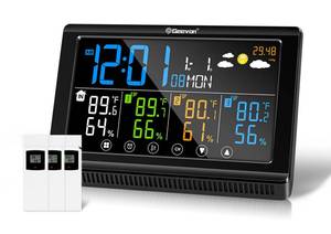 lot 1469 image: Geevon Weather Station Wireless Indoor Outdoor Thermometer 3 Sensors, Color Display Digital Temperature Humidity Monitor with Barometer, Calendar, USB Charge and Adjustable Backlight