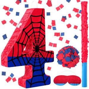 lot 1491 image: Simgoing Number 4 Spider Web Pinata Bundle with Blindfold Small Pinata Birthday Party Decoration for Mexican Fiesta Cinco De Mayo Anniversary Celebration Gift, 15.75 x 11 x 2.8 In(Red Blue)