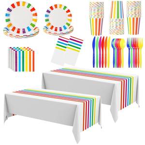 lot 1512 image: Remagr 154 Pcs Rainbow Birthday Party Decorations 2 Rainbow Striped Tablecloth Disposable Dinnerware Set Colorful Plates Paper Cups Napkins Cutlery for Happy Birthday Wedding Party Supplies
