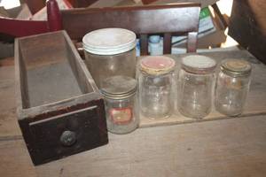 lot 3236 image: Vintage Jars in Wood Sewing Drawer