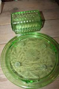 Vintage Uranium Glass Butter Dish some chips & Cake Plate