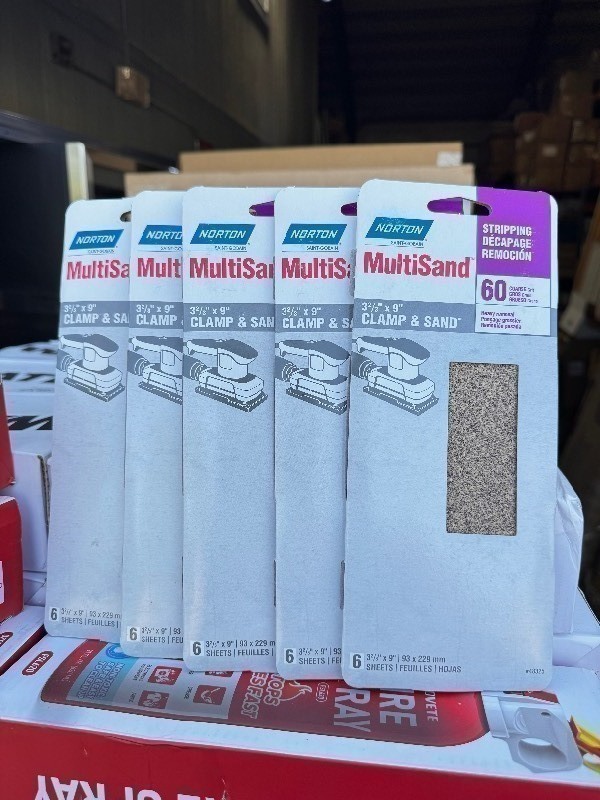 lot 276 image: New 30pc NORTON 48325 MultiSand 60Coarse Grit 3-23-Inch X 9-Inch All Purpose Clamp & Sander Sheet Handy Pack (5 Packs of 6pcs)