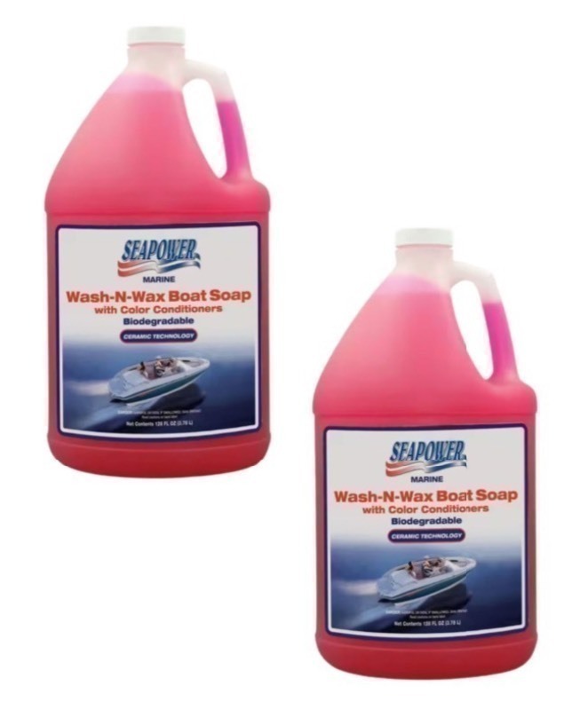 lot 577 image: USE for other Vehicles, Fleet Vans, ATVs ETC 2 New SeaPower 1 Gal. Marine Wash-N-Wax Boat Soaps w Color Conditioners. Comes as pictured 2 bottles