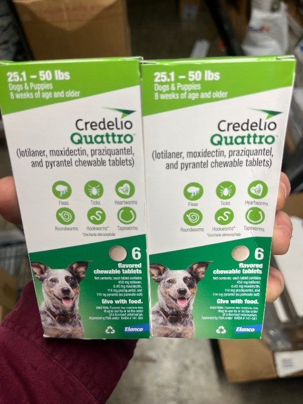 lot 16 image: Credelio Quattro Chewable Tablets for Dogs, 25.1-50 lbs, 6 Chewables Retails $223