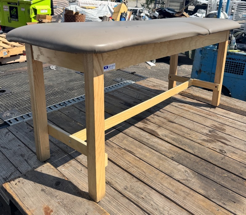 lot 48 image: Classic Treatment Table w Adjustable Back. Bariatric. 30W Natural Finish - Country Mist Cushion Color - Not perfect sm ware - see images