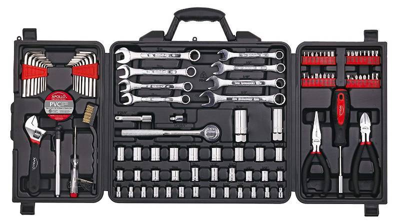 lot 4675 image: Apollo Tools DT0006 Mechanics Tool Kit, 101-Piece (DAMAGED CASE)