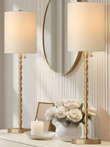 lot 8709 image: $87 Buffet Lamps Set of 2, 28.5 Brass Finish with Linen Shade, UL