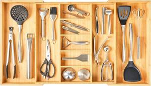 lot 8711 image: $60 Umilife Extra Large Expandable Kitchen Drawer Organizer, Bamboo