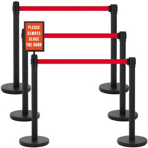 lot 8719 image: $160 INMOZATA 6 Pack Retractable Belt Stanchions, Black, 6.6ft Belts