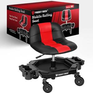 lot 8765 image: $150 Adjustable Height Rolling Stool with Backrest, Tool Tray, Red