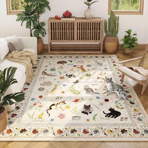 lot 8770 image: $100 Rugcomf 8x10 Area Rug, Washable Boho Floral Non-Slip Beige