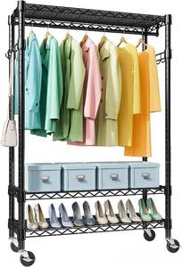 lot 8778 image: $106 Heavy Duty Rolling Garment Rack, 3-Tier Adjustable Wire Shelving