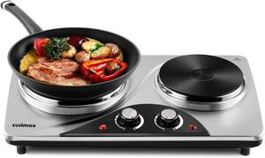 lot 8795 image: $73 CUSIMAX 1800W Double Burner Electric Hot Plate, Cast Iron, BLACK in Col