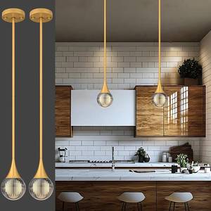 lot 8857 image: $96 2-Pendant Lights for Kitchen Island - Painted Gold Globe Pendant