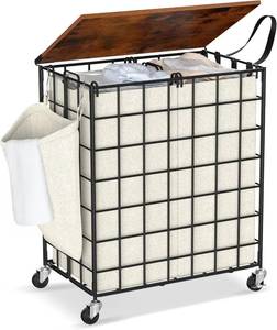 lot 8892 image: $54 Laundry Basket with Wheels, 2-Section 120L Sorter, Wood Lid, Beige