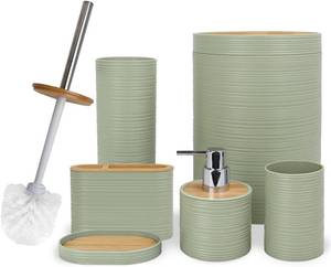 lot 8904 image: CERBIOR 6pc Bamboo Bath Set Soap Dispenser, Holder, Cup, Dish