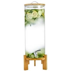 lot 1004 image: Beverage Dispenser 3.5 Gallon with Spigot Glass Water Dispenser for Parties, Bars, Restaurants 13L with Wood Stand Drink Dispensers - Retail $100