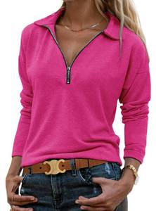 lot 1005 image: Halife Womens Fall Shirts and Blouses Trending Collar V Neck Half Zipper Shirt Long Sleeve Dressy Casual Tops Hot Pink Top M&nbsp