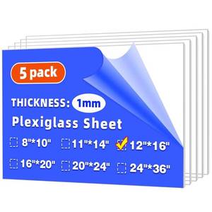 lot 1008 image: (5 Pack) 12 x 16 Plexiglass Sheets 1mm Thick, Clear Acrylic Sheets Panel Cut to Size Plexiglass Acrylic Board, Cut with Engraver, Power Saw or Hand Tools, No Laser Cut. - Retail $17