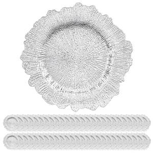 lot 1017 image: YJYQHYX 50 Pack Silver Charger Plates Bulk, 13 Plastic Reef Chargers for Dinner Plates, Round Charger Plate with Floral Reef Design for Dinner Wedding Party Table Setting Decoration - Retail $110