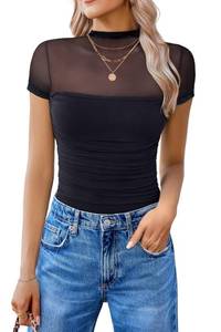 lot 1030 image: Avidlove Womens Short Sleeve Bodysuit Turtle Neck Body Suits Mesh One Piece Leotard Going Out Tops Date Outfits - Retail $20