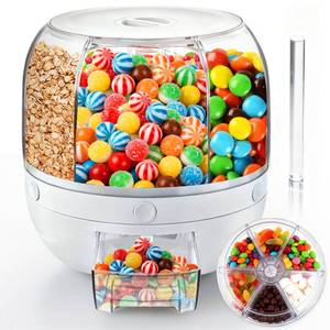 lot 1034 image: Palksky Candy Dispenser 360° Rotating with 6 Compartments, Airtight Dustproof Lid &amp Wide Opening, One-Click Output Large Capacity Candy Machine for Candy, Snacks, Nuts, Chocolates, and Cereals - Retail $25