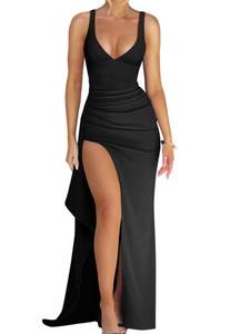 lot 1041 image: Memoriesea Womens Sexy Plunge Neckline Bodycon Ruched High Slit Party Maxi Dress Black, Large - Retail $44