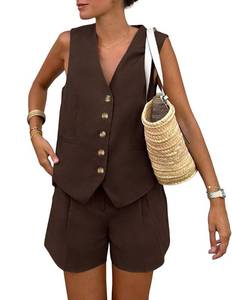 lot 1058 image: PRETTYGARDEN Womens Summer 2 Piece Outfits Sleeveless Matching Sets Button Down V Neck Vest Waistcoat and Pockets Shorts (Dark Coffee,Small) - Retail $33