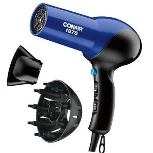 lot 1060 image: Conair Hair Dryer, 1875W Turbo Blow Dryer with Tourmaline Coating and Ionic Conditioning, Includes Diffuser and Concentrator Attachments, 2 Heat & 2 Speed Settings, BlueBlack - Retail $20