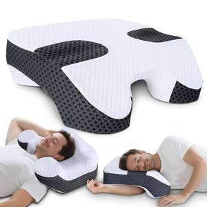 lot 1064 image: SAHEYER Side Sleeper Pillow with Arm Holes, 2 in 1 Shoulder Relief System for Rotator Cuff Pain, Memory Foam Pillow for Adults with 3 Arm Place Hole - for Side, Back and Stomach, Black - Retail $90