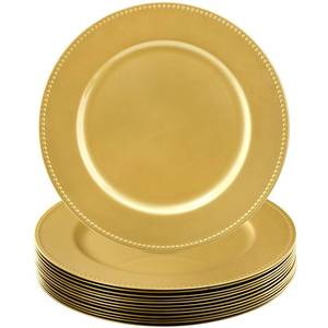 lot 1065 image: Okllen 80 Pack Plastic Gold Charger Plates, 13 Round Beaded Charger Plates for Wedding, Catering Event, Tabletop Decor - Retail $200