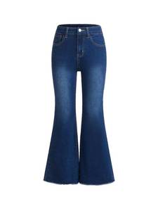 lot 1068 image: Milumia Girls Raw Hem Stretchy Flare Jeans Bell Bottom Denim Long Pants with Pocket Deep Blue 9Y - Retail $33