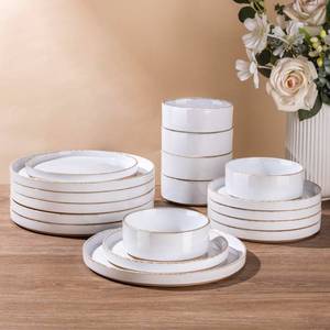 lot 1071 image: AmorArc Ceramic Dinnerware Sets for 6, 18 Pieces Handpainted Plates and Bowls Set with Rustic Terracotta Underside, Scratch Resistant Stoneware Dishes Set, Dishwasher & Microwave Safe - Retail $84